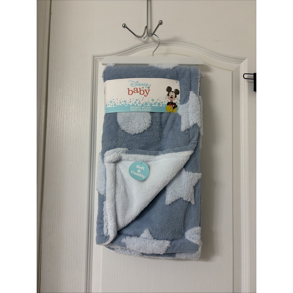 New Disney Baby Mickey Mouse Ears Stars Blue Gray Baby Blanket